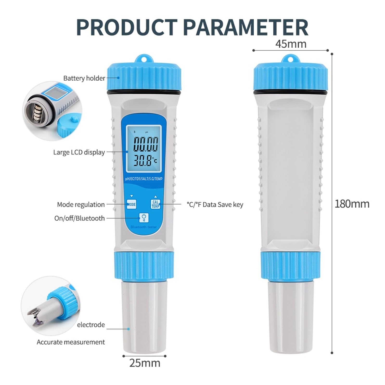Probador de agua inteligente con Bluetooth, multifunción 6 en 1, medidor de pH/EC/TDS/salinidad/SG/temperatura, detector de agua