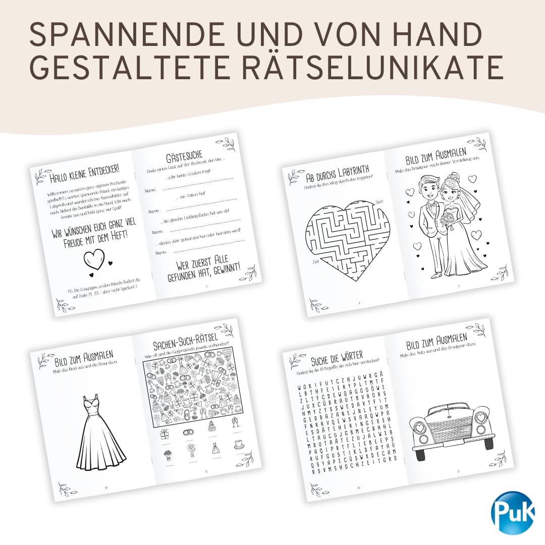 PuK Hochzeits-Mitmachspaß | Kinder-Beschäftigung Hochzeit Set | Malbuch & Rätselbuch für kleine Gäste | 6 oder 12 Hefte | Optional mit Buntstiften | Gastgeschenk Hochzeit Kinder (12, ohne Buntstifte)