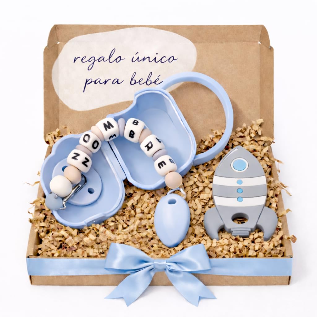 PEQUEANDO Sujetatetinas Cadena Personalizada con Nombre Hecho a Mano en España Chupetero de una Sola Pieza Regalo para Nacimiento y Baby Shower | Mas modelos (Pack Portachupete Azul) — view 8