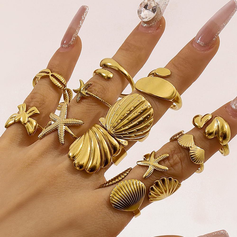 Gold Seashell Starfish Rings For Women Opening Shell Chunky Rings Gold Dainty Stacking Rings Summer Beach Surfer Jewelry - Image 6