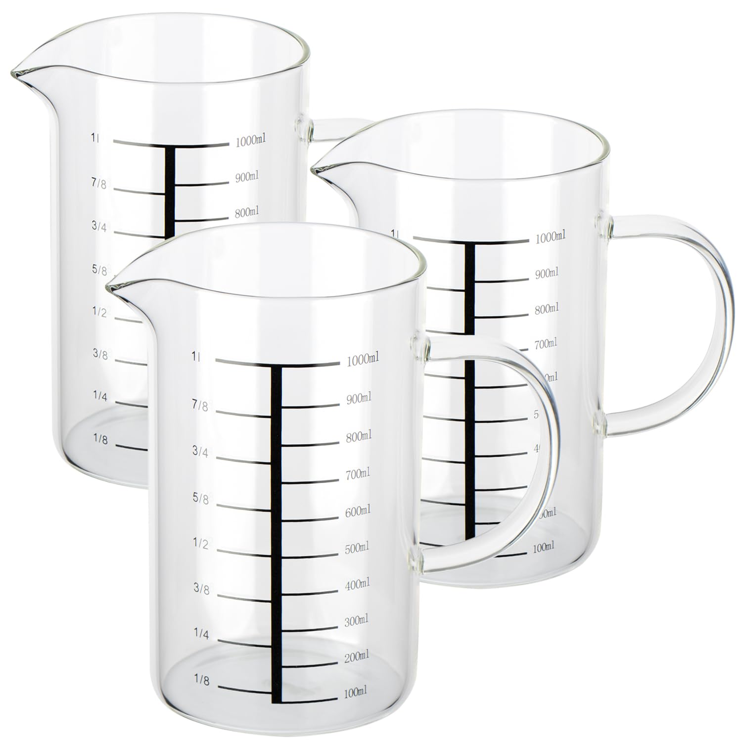 com-four® 3x jarra medidora de vidrio 1 litro, resistente al calor | asa y boquilla para cocina y repostería