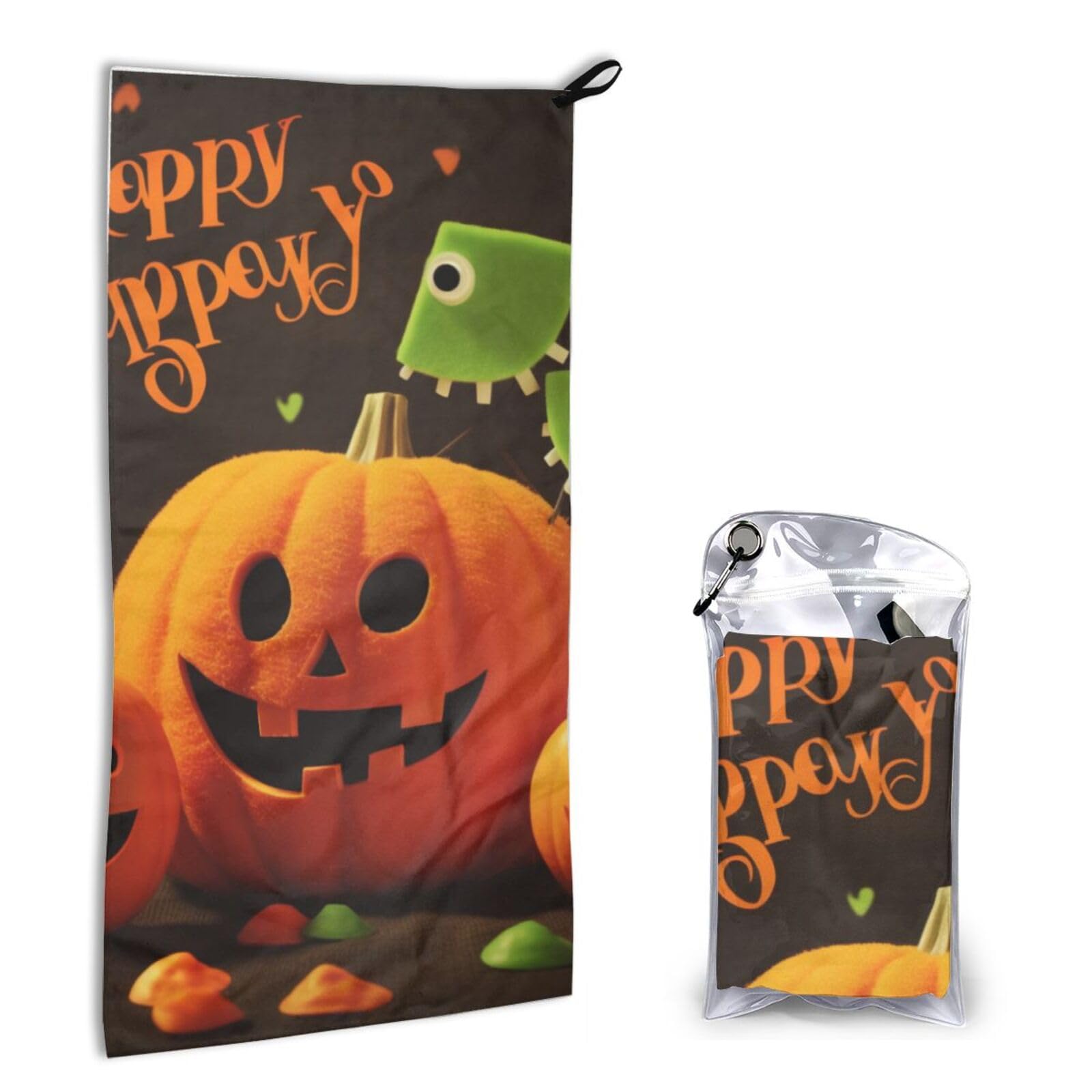 BWWHCCTI Quick Dry Hand Towel With Bag - Happy Halloween Printed Super Absorbent Face Cloth Microfiber Travel Sports Towels 40x80cm