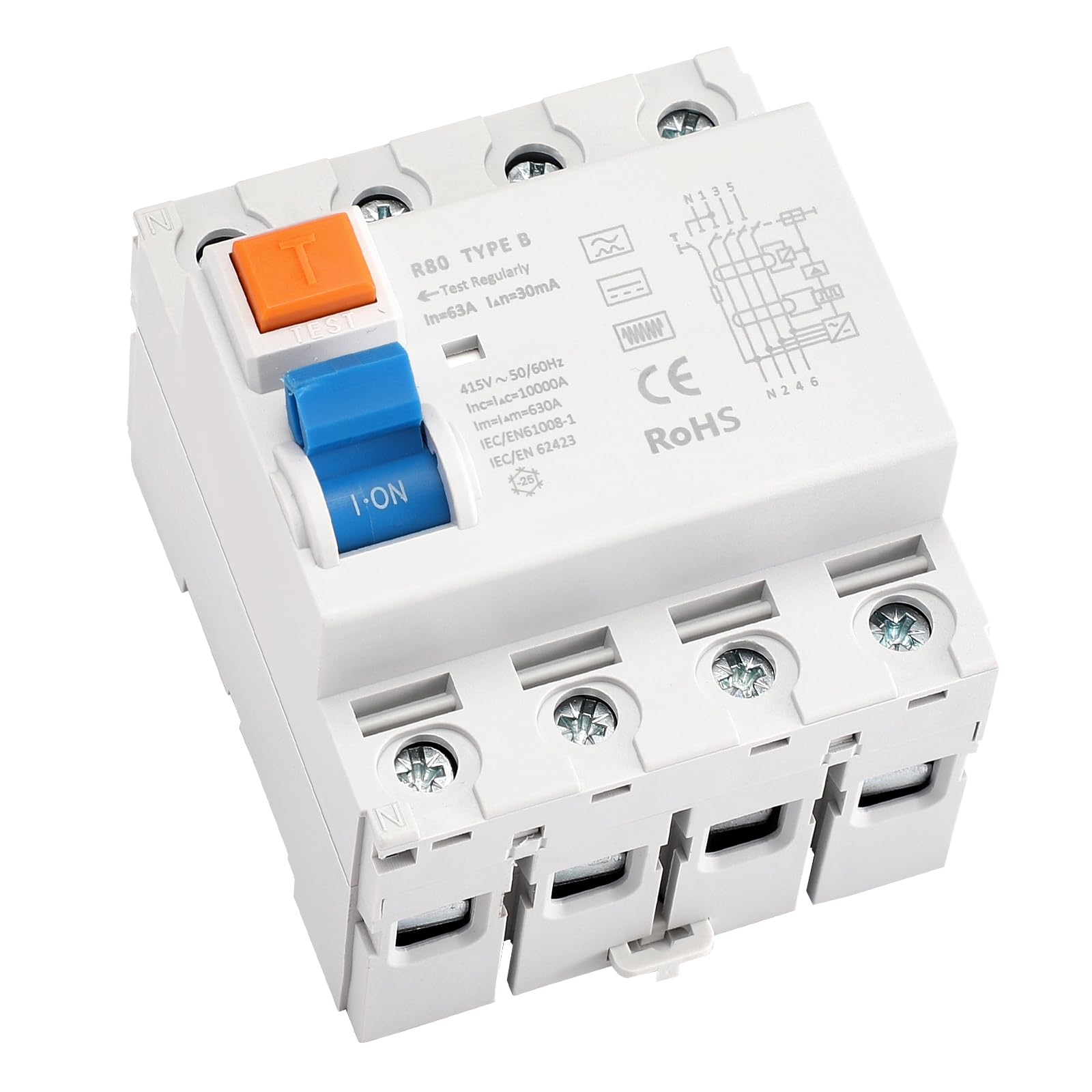 FI Schutzschalter,FI Typ B 40A/63A 4 Polig 30mA Allstromsensitiv RCD für Wallbox Ladestation Photovoltaik Wechselrichter DIN Hutschiene mit DC Fehlerschutz EN61008 (63A)