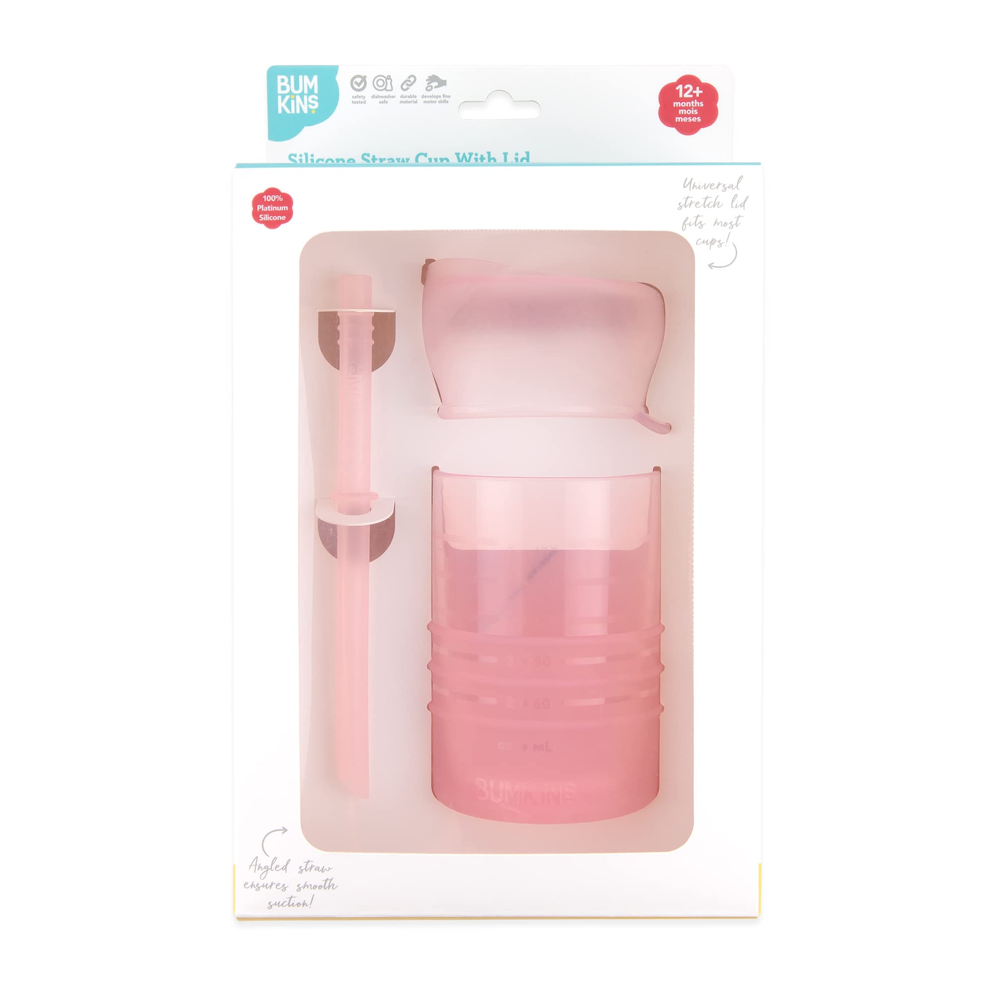 Bumkins Taza de silicona para niños con paja y tapa - Jalea rosa