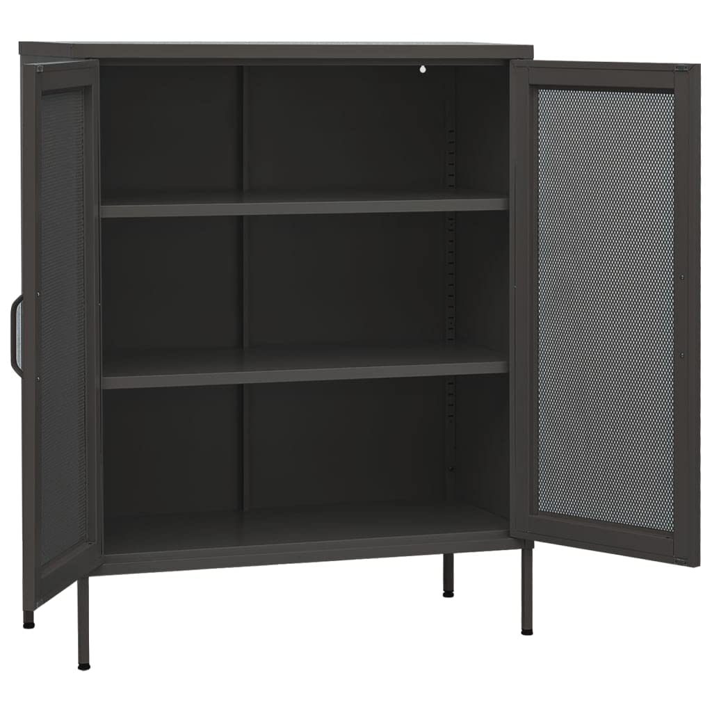 Stalowa szafka magazynowa, antracytowa, 80 x 35 x 101,5 cm, z 2 drzwiami z kratkami i półkami, nóżki z regulacją wysokości, wytrzymały kredens na książki i czasopisma