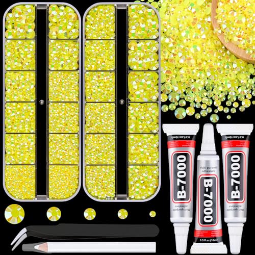 Image of Resin Jelly Rhinestones for Crafting with B7000 Jewelry Glue, 2 Boxes Lemon Yellow AB Flatback Crystals with 3Pcs 10ml Glue, Bedazzling Non Hotfix Gems for DIY Tumblers Clothing Shoes Manicure