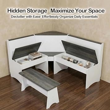 Farmhouse Breakfast Nook Table Set, Dining Nook Set with Corner Bench,with Storage Function Mid Century Modern Small Dining Table Set, Kitchen Table Corner Set (Gray + White)
