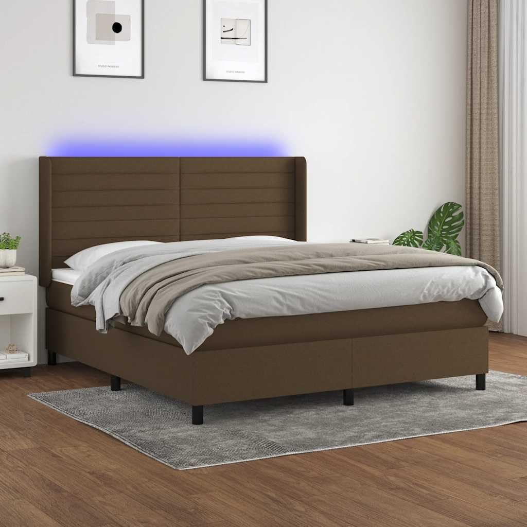 Tkanina z regulowanym zagłówkiem LED Brąz 180x200 cm | Łóżko kontynentalne 180x200 cm z materacem sprężynowym i LED, tkanina ciemny brąz, regulowany zagłówek