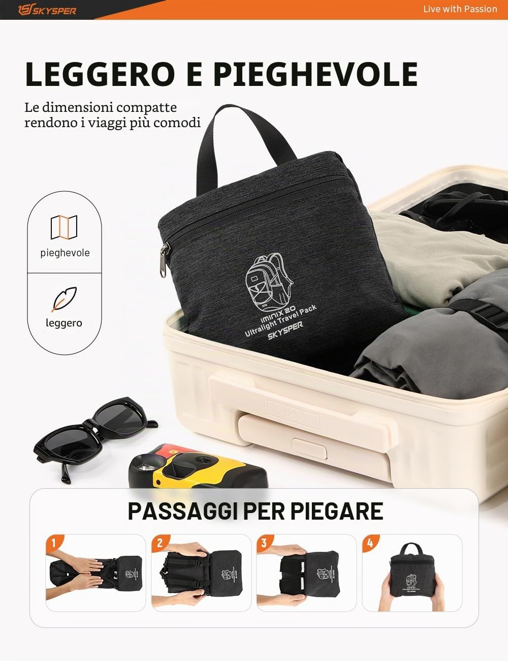 SKYSPER Zaino Leggero Pieghevole 20L, Zainetto Piccolo Uomo Donna con Cintura Pettorale Zaino da Hiking per Viaggio Escursione