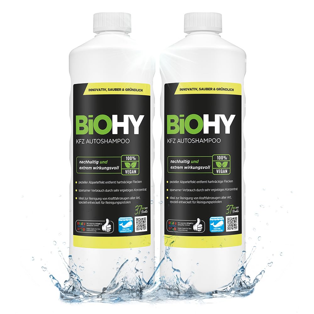BiOHY KFZ Autoshampoo (2 x 1L) | Bio Autoreiniger für Hochdruckreiniger & Staubsaugerdüsen | biologisch abbaubares Konzentrat | schützt Lack | kraftvolle Tiefenreinigung