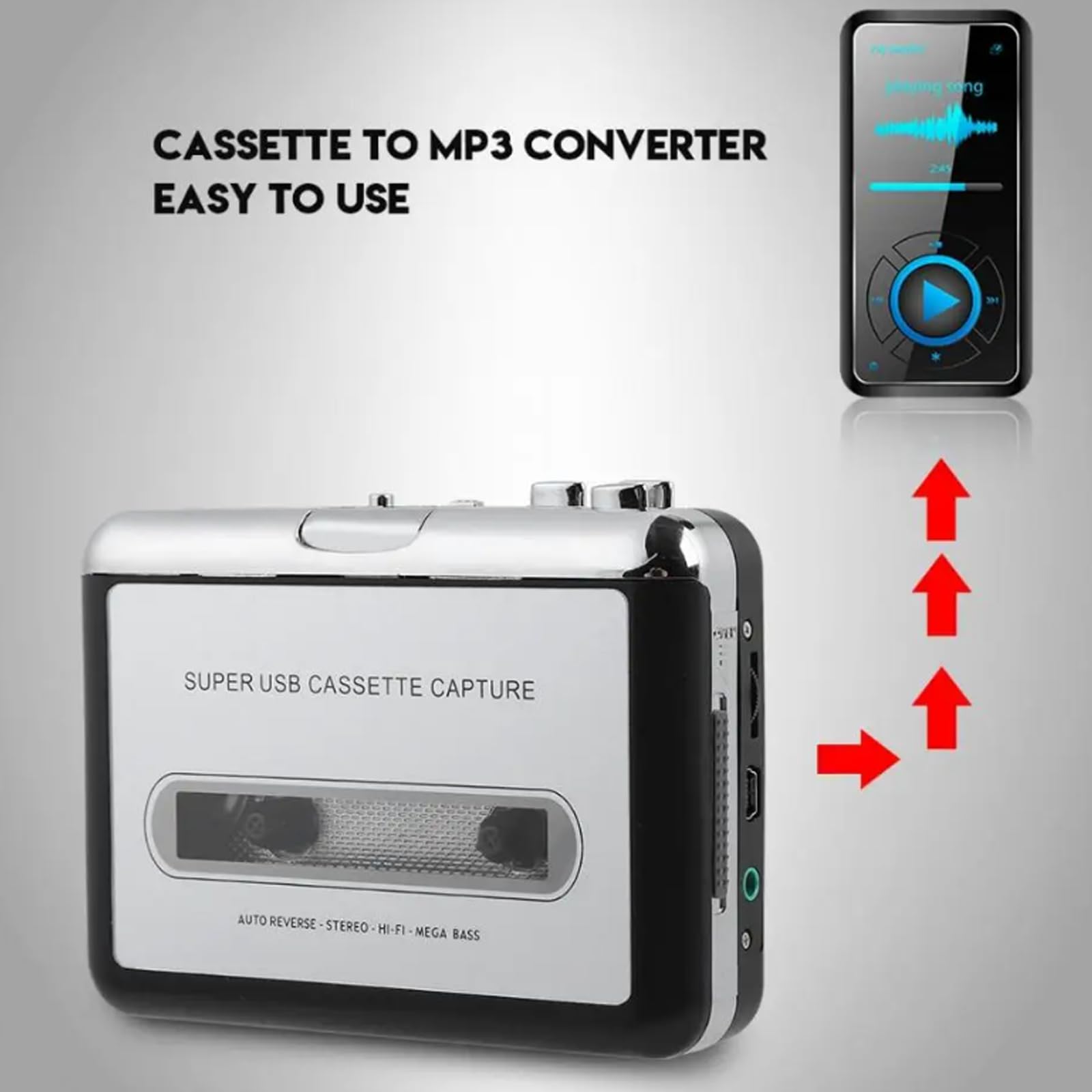 Magnétophone Portable, Lecteur de Cassettes Portable, Convertisseur Audio USB Cassette vers MP3, Lecteur de Cassettes avec Prise Casque 3,5 mm, Mini Magnétophone pour Ordinateur Portable (Noir)