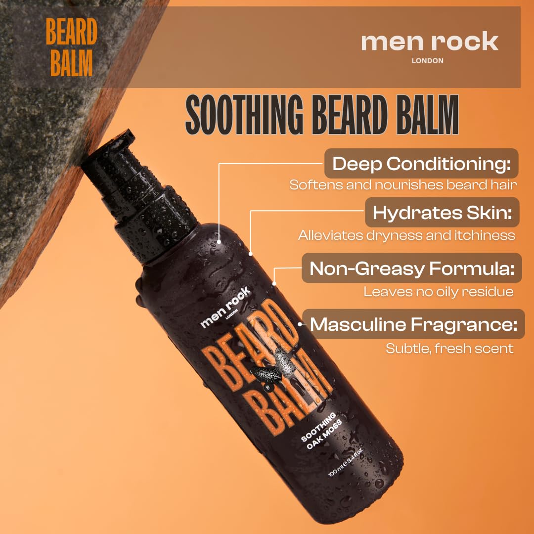 Men Rock Beard Care Gift Set with Beard Wash, Beard Balm and Beard Oil to Keep Beard Under Control, Earthy Oak Moss Fragrance 2 x 100ml, 1 x 30ml