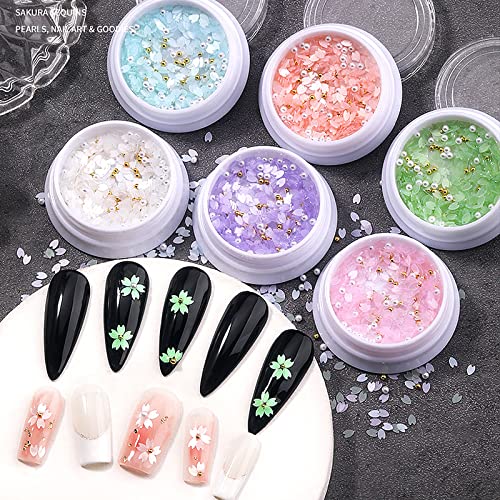 6 Boxes 3D Cherry Blossoms Flower Nail Glitter Slice White Pink Blue Green Orange Purple Flower Glitter Mix Pearls Gold Round Beads For Nail Art Diy Designs Accessories Crafts #TOP13
