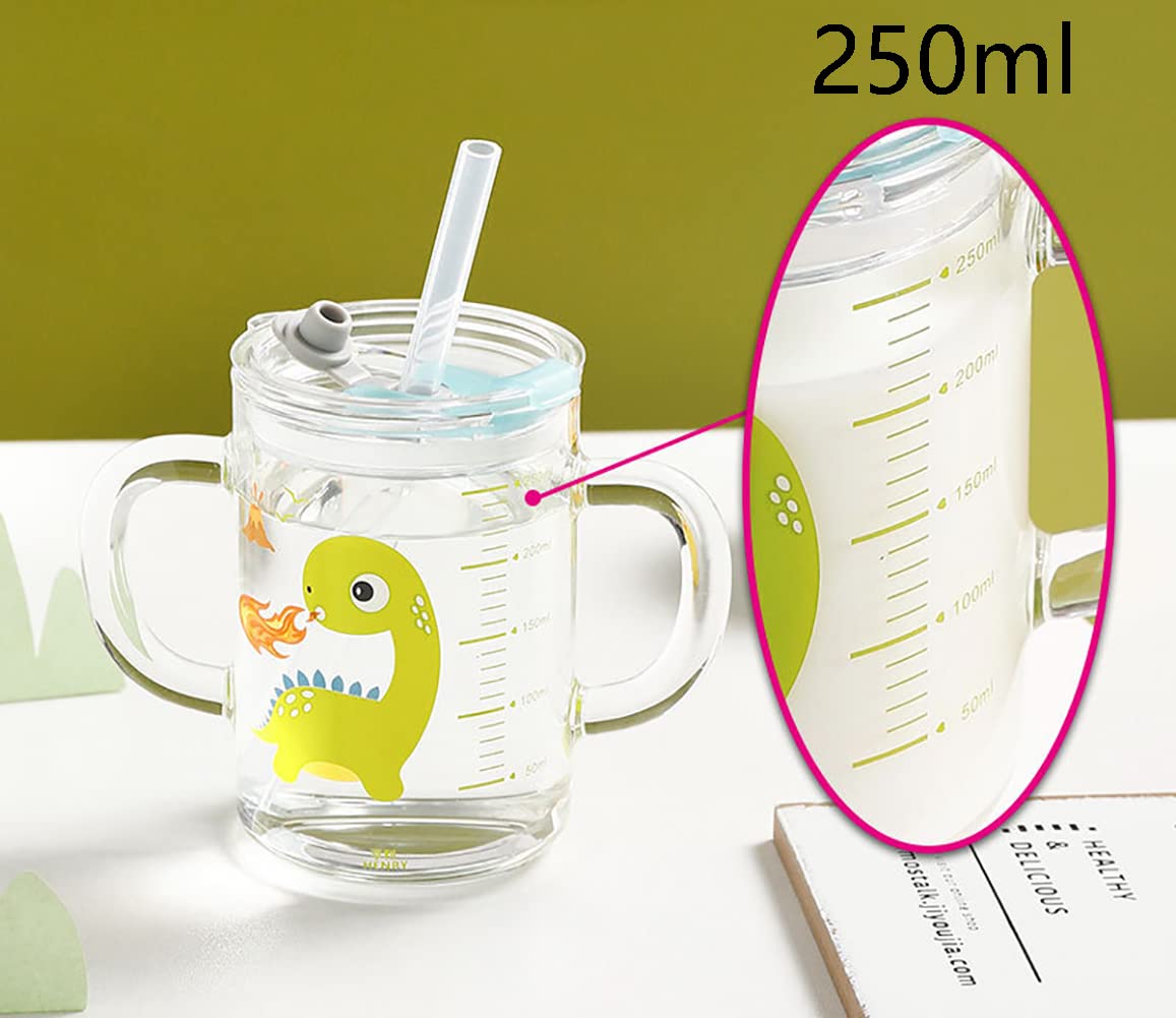 Tazza per latte in vetro per bambini da 250 ml, caraffa graduata con cannuccia in silicone e coperchio, resistente al calore, a prova di perdite, tazza da viaggio con bilancia per bere latte, succhi