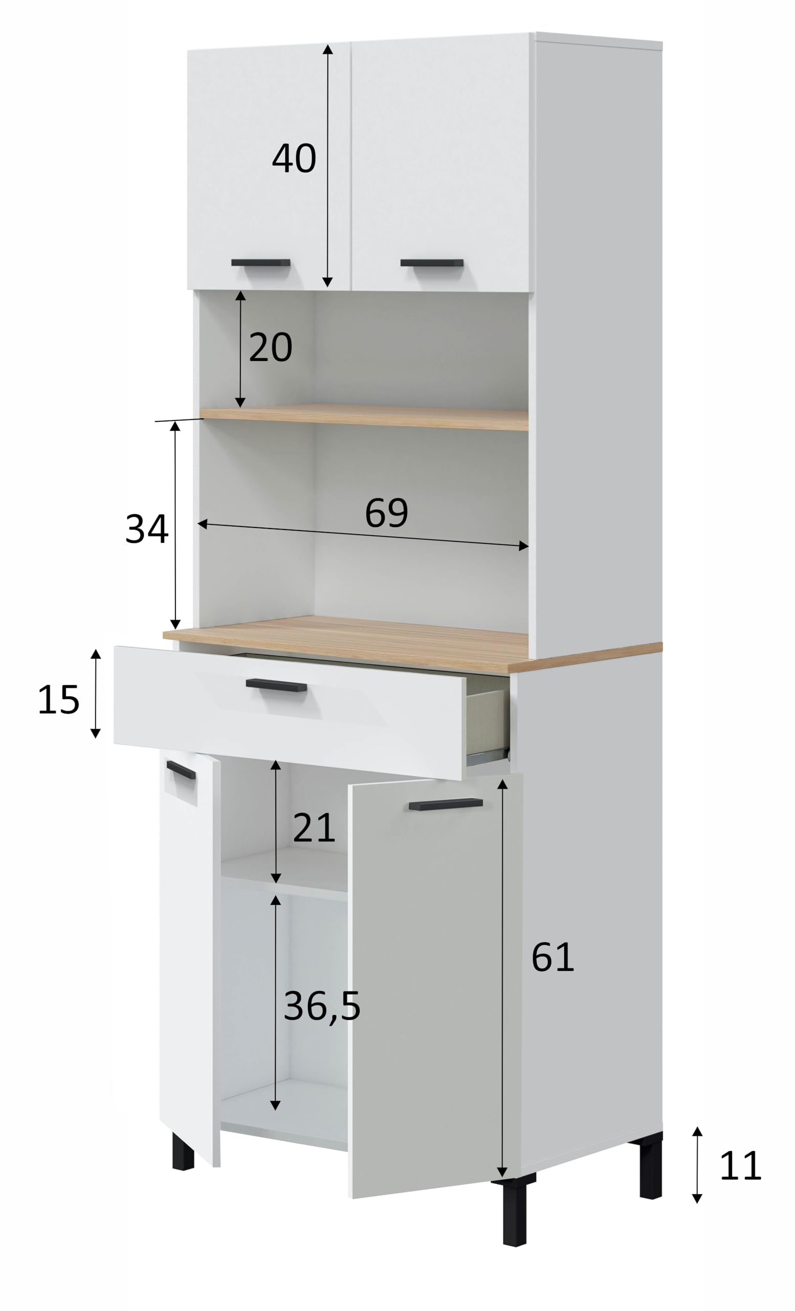Habitdesign – Mueble de Cocina Alto con 4 Puertas y 1 Cajón, Armario Auxiliar para Cocina, Acabado Blanco Artik y Natur, 185x72x40 cm – Modelo Kira