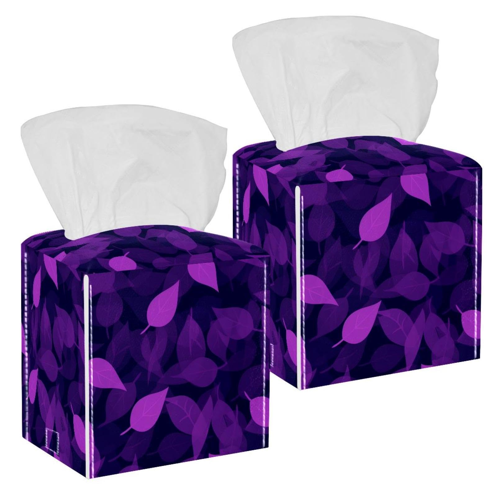 Artistic Leaves Tissue Box Cover, 2 Pack PU Leather Square Facial Tissue Dispenser Box holder for Home Office Car