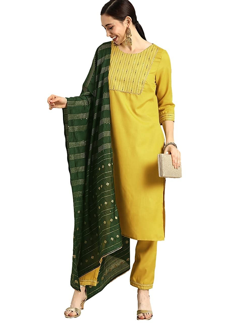 GoSriKiWomen's Ruby Cotton Straight Solid Kurta with Palazzo & Dupatta (SURAT Mehandi-GO)