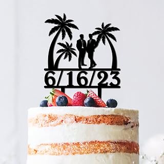 Gay Couple Mr & Mr Tropical Cake Toppers Wedding Gift for Gay Couple Men Wedding Acrylic Cupcake Topper Picks Rustic Palm Tree Hawaii Beach Travel Baking Cake Decorations for Bride And Groom