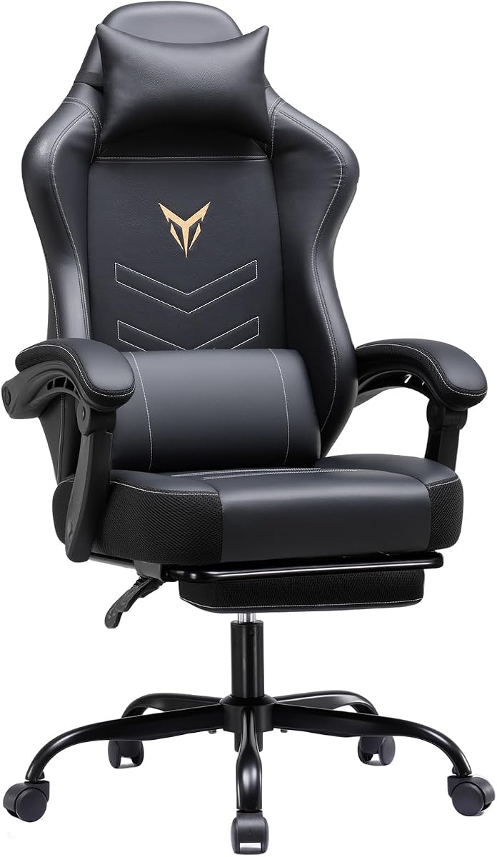 GTPLAYER Gaming Chair, Ergonomic Gamer Chair with Footrest, Office Chair Height Adjustable with Head and Lumbar Cushion, Swivel Chair Made of Faux Leather, Black