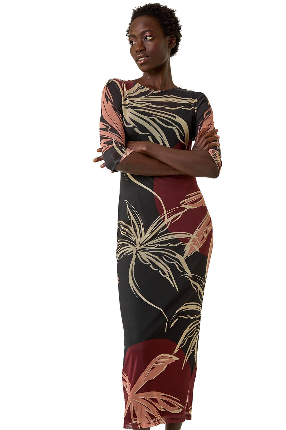 Roman Originals Women's Black Multi Leopard Mesh Maxi Stretch Dress For Uk - Everyday Autumn Winter Round Neckline Comfy Soft Evening Vacation Work Party Night Out - Size 12