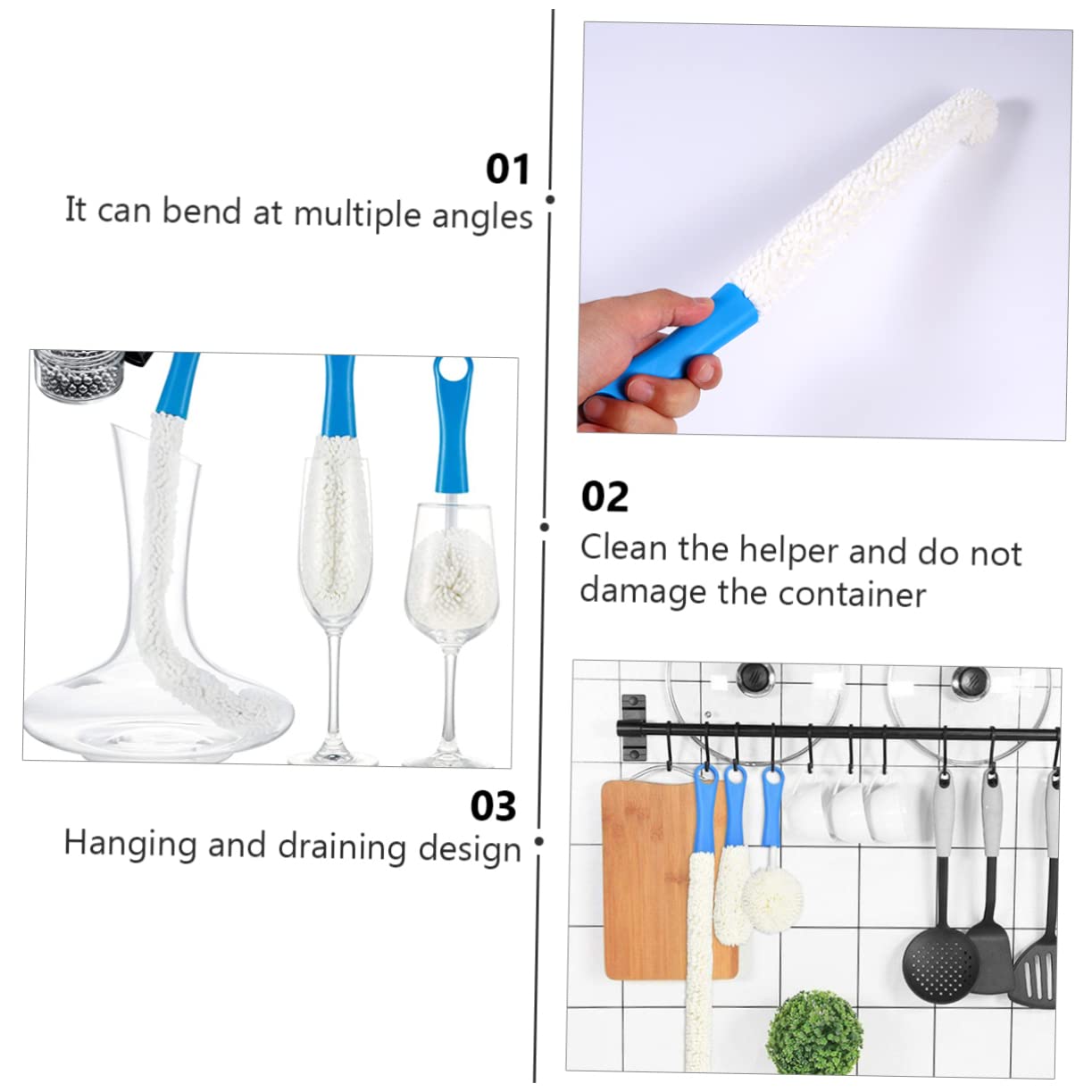 Juego de 6 cepillos flexibles para botellas, herramientas de limpieza de esponja flexible para botellas de cocina, espumas y grietas de difícil acceso, ideal para una limpieza fácil y eficiente