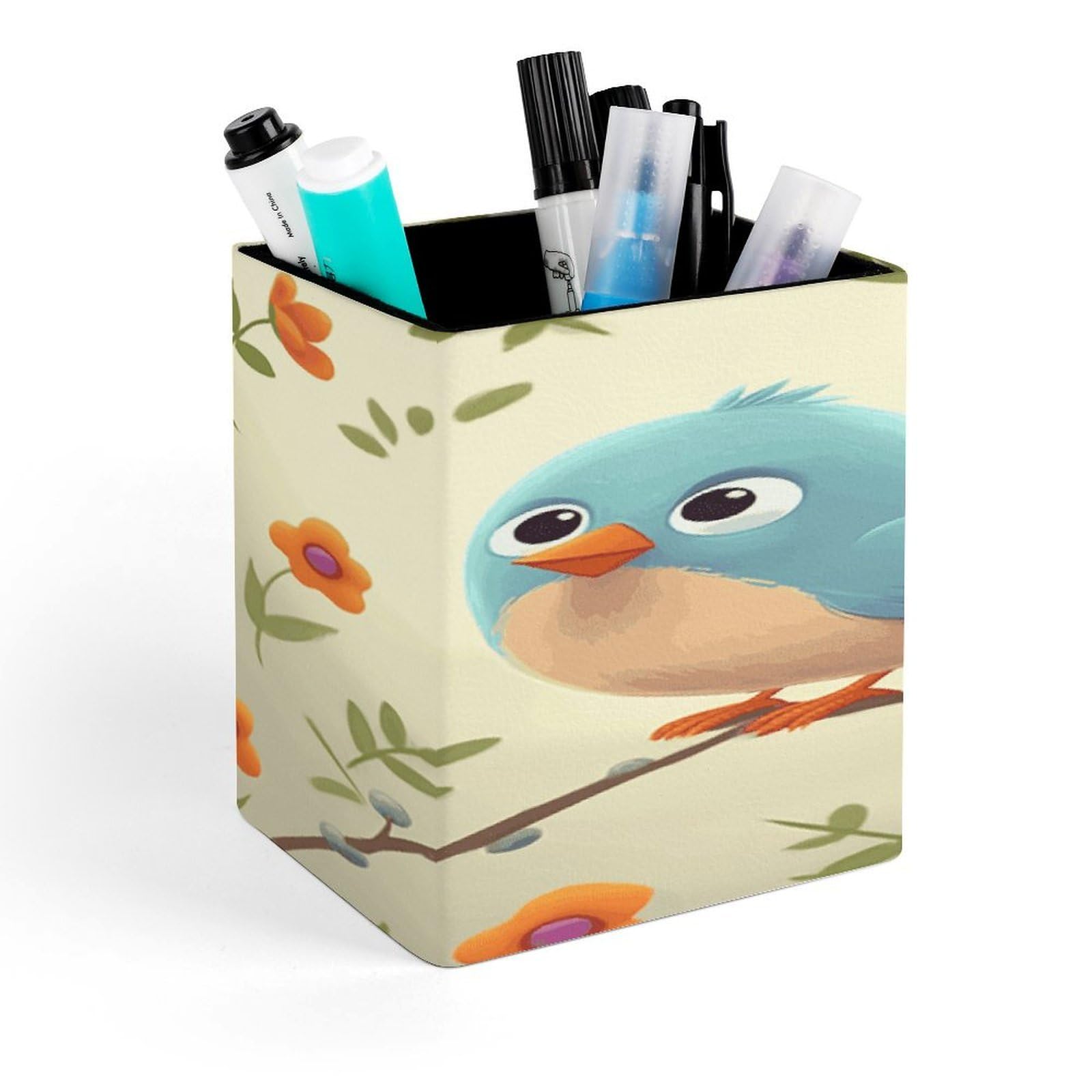 FekiLoot Cute Bird Pen Holder for Desk Minimalist Leather Pencil Holder Fashion Modern Pencil Cup Decorative Square Pen Cup Locker Organizer for Office Work Locker Accessories
