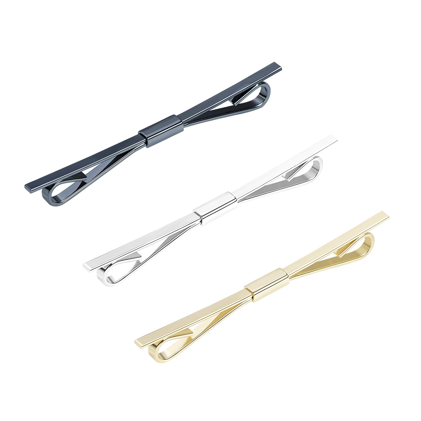 VVCome 3PCS Men's Classic Tie Clips - Shirt Collar Clip Bar for Necktie - Gold, Silver, Black Tone - Tie Pins, Collar Holder