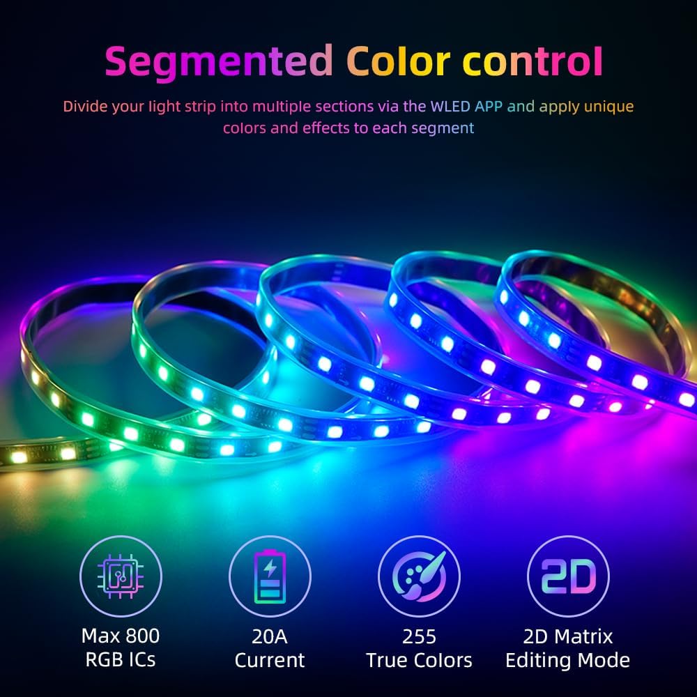 IP65 Waterproof LED Controller, ESP32 WLED WiFi APP Control, Outdoor Music Sync Light Controller, DC5-24V, for WS2812B RGBIC RGBW LED Strip Lights(2 Channel)
