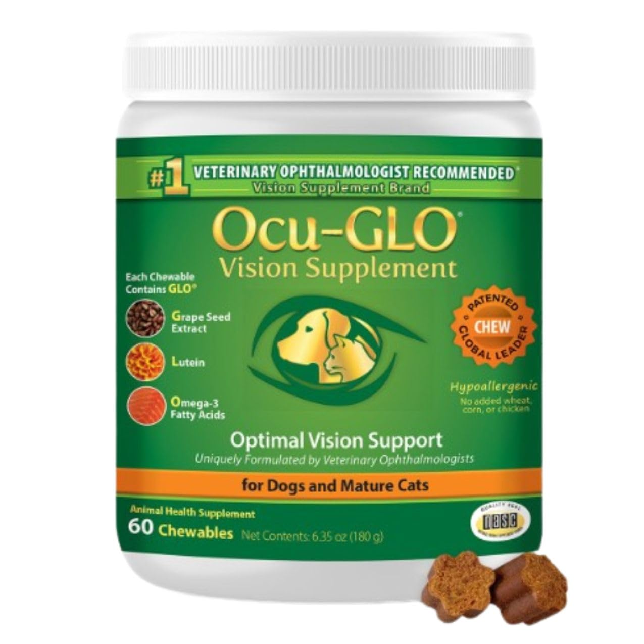 Ocu-GLO Cat & Dog Senior Supplement for Eye Support - Chewable Vision Vitamins Supplements for Large and Small Pets Care with Lutein, Omega-3 Fatty Acids, Grape Seed Extract & Antioxidants