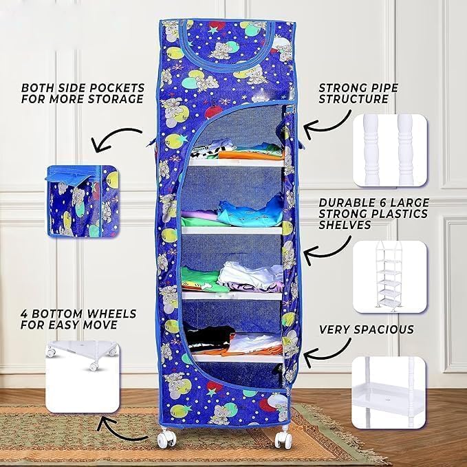 Image of Baby Wardrobe Plastic Multipurpose 6 Shelve, Foldable, (Unbreakable Material) (Blue, 6 Shelves)
