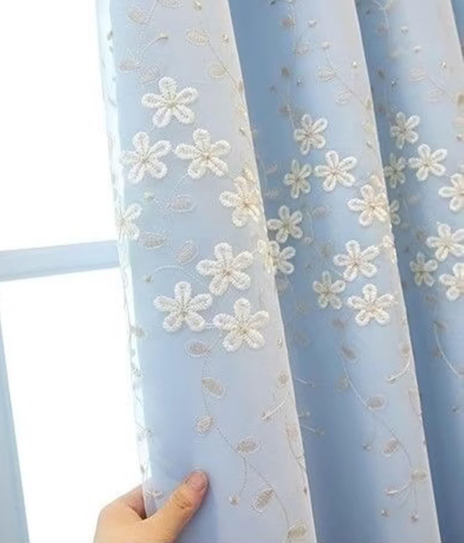 Rideaux Salon Bleu, Occultant Rideau Chambre Fenetre Lot de 2 Tissu Broderie en Dentelle Double Couche LxH 132x229cm
