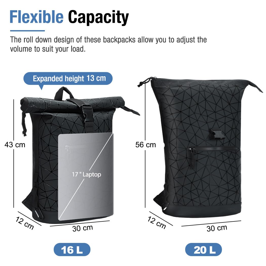 Lekeinchi Zaino Rolltop Uomo Donna Porta PC 17 Pollici | Zaino Impermeabile Uomo Donna - Rains Zaino Espandibile - Viaggio Casual Lavoro Università - Diamante Nero