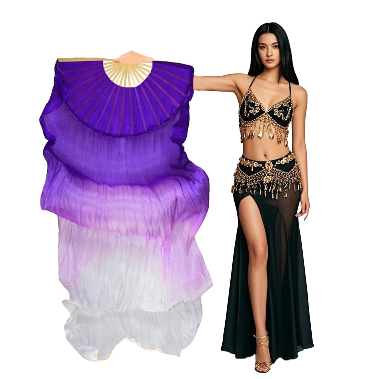 Aumulen Women 1 Piece Hand-made Real Silk Long Belly Dance Fan Veils(Right Hand Only)