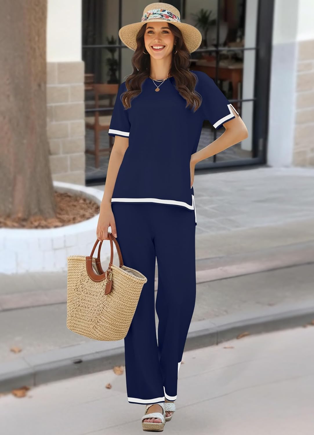 KUOTAI Women's 2 Piece Outfits Summer Lounge Sets Short Sleeve Knit Top Wide Leg Pants Matching Set Casual Travel Outfit