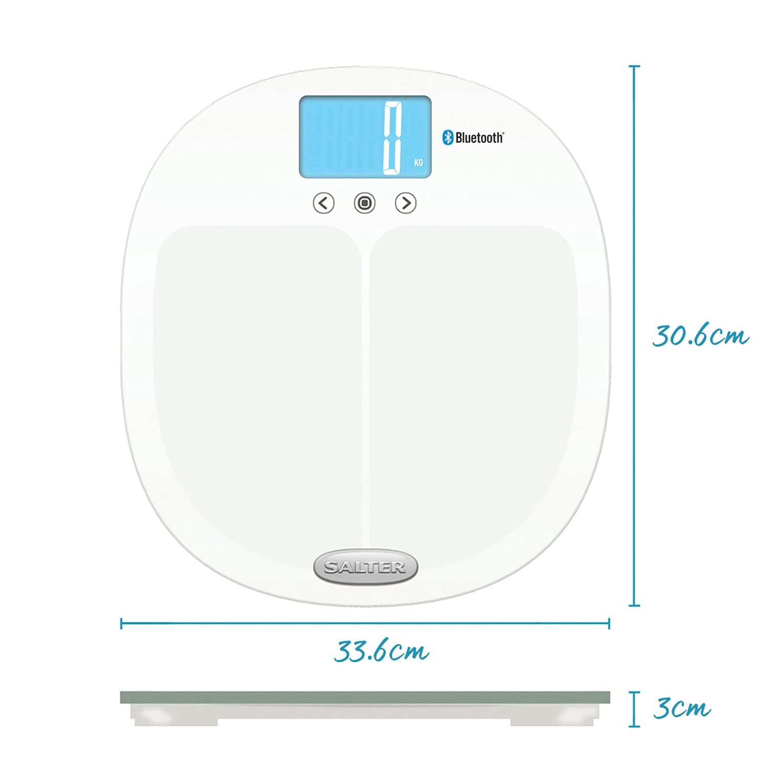 Diagram showing dimensions of Salter 9192 WH3R scale: 33.6cm width, 30.6cm length, 3cm height