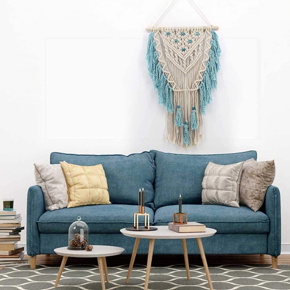 Colgante de pared de macramé hecho a mano, arte de pared tejido, macramé, frontón azul