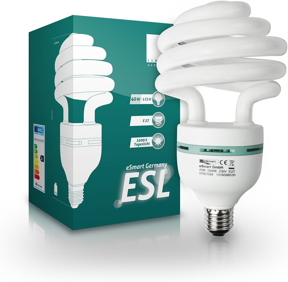 eSmart Germany Photo Quick Start Energy-Saving Light Bulb 40W (175W) E27 Daylight/Cool White (5500K) Diameter: 108 mm/Total Length: 194 mm