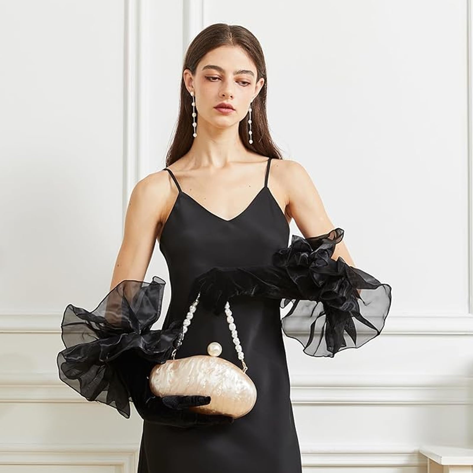 Women Long Velvet Gloves with Ruffled Tulle Mesh Cuff Bride Wedding Hands Wear Halloween Prom Fancy Dress Accessory Lady Vintage Elegant Evening Party Club Gloves - Image 4