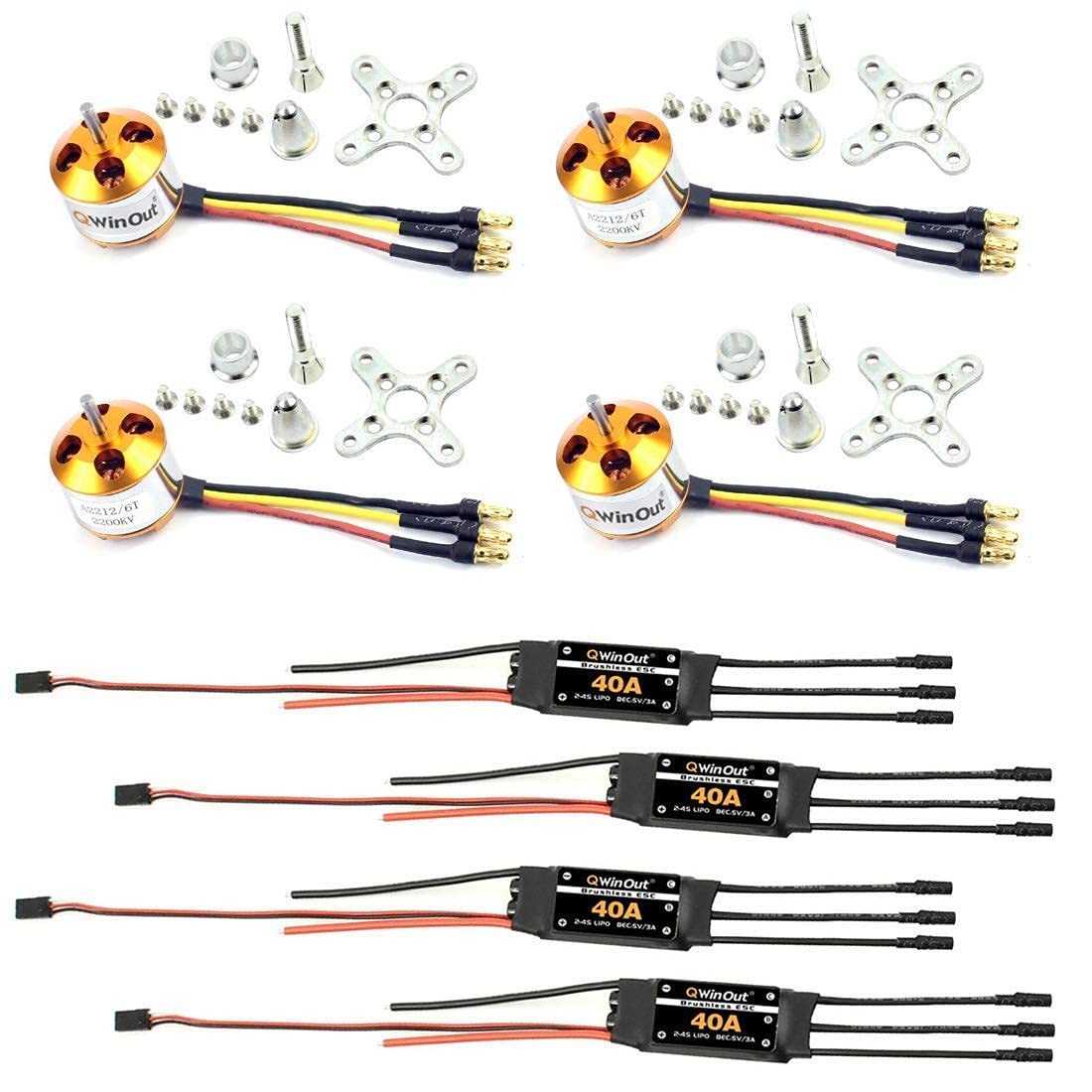 QWinOut 4Pcs A2212 1400KV Brushless Motor 13T + 4Pcs 2-4S 40A RC Brushless ESC Simonk Firmware 5V 3A BEC Electric Speed Controller for 2 to 3s Lipo Battery, for DIY Drone Kit