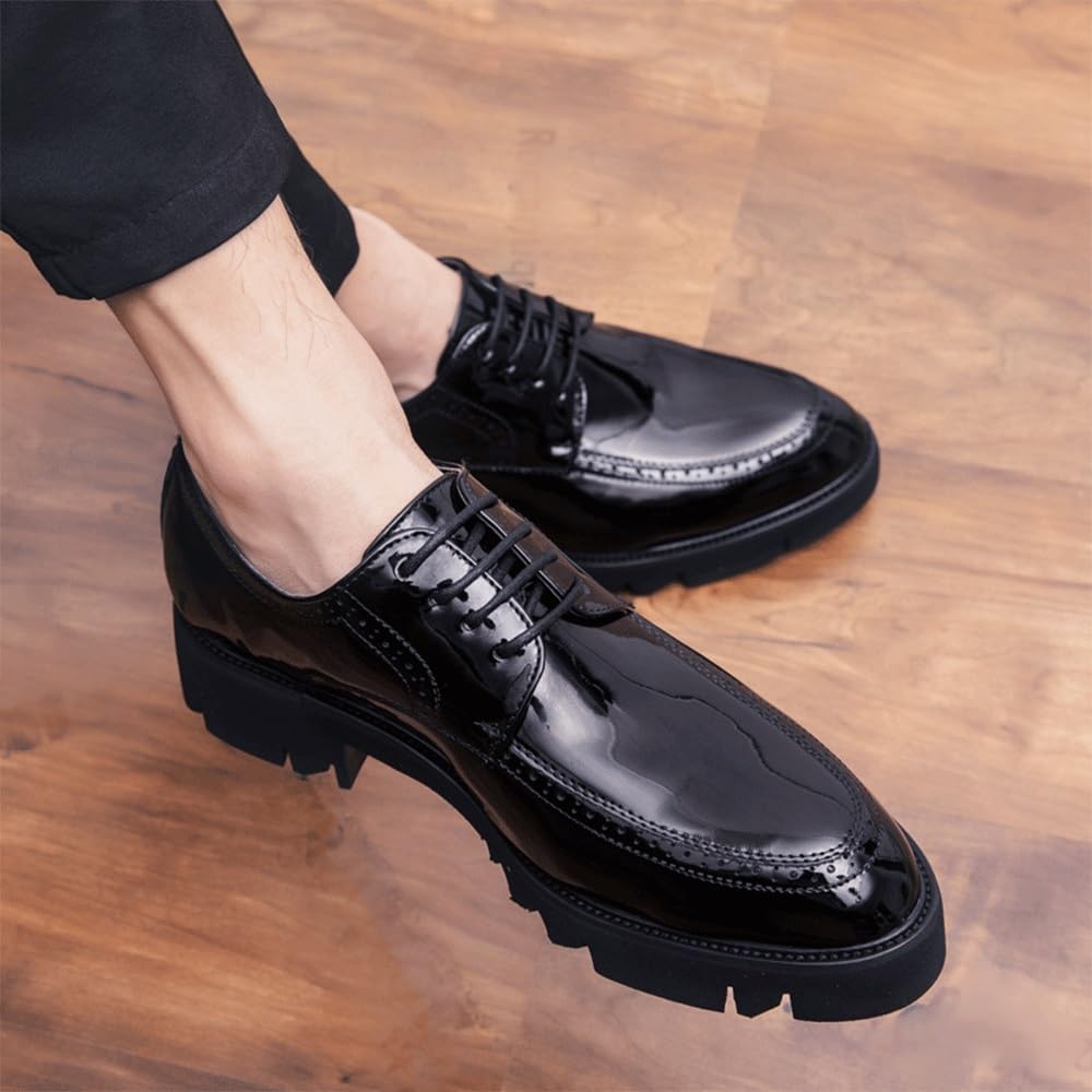 Classic Lace-up Formal Tuxedo Shoes Business Formal Leather Shoes Men's Shiny Leather Shoes British Style Thick-Soled Casual Trendy Shoes Mens Shoes(Black,39EU)