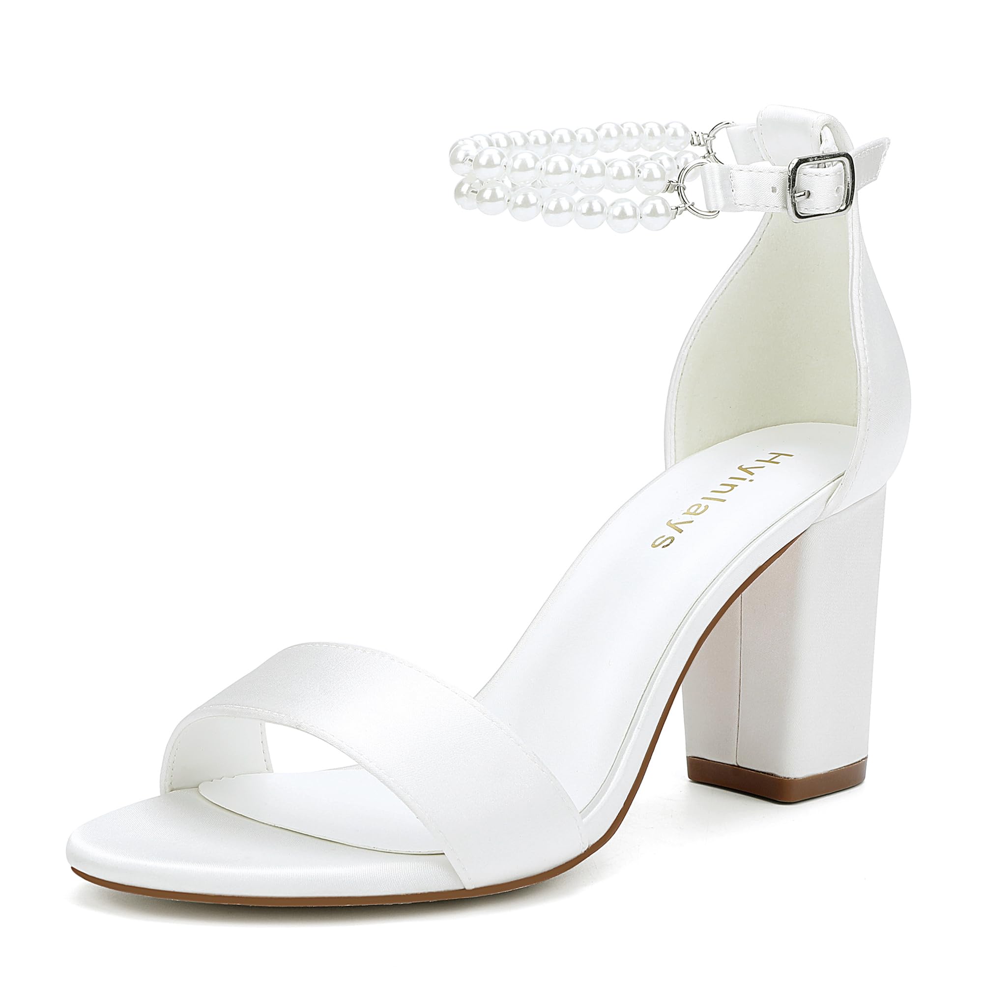 Hyinlays Pearl Wedding Shoes for Bride Satin Block Heels Open Toe Chunky Bridal Shoes Sandals