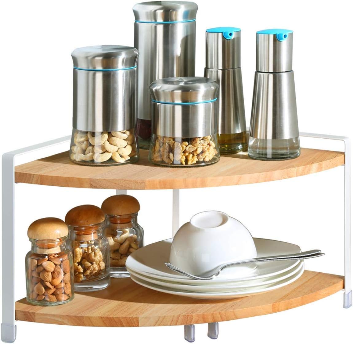Ganeed Spice Rack, 2-Tier Kitchen Wooden Spice Organizer Shelf for Cabinet Seasoning and Spice Counter Spice Organizer for Cabinet Kitchen Countertop, Spice Jars Bottle Shelf Holder Rack, Sector