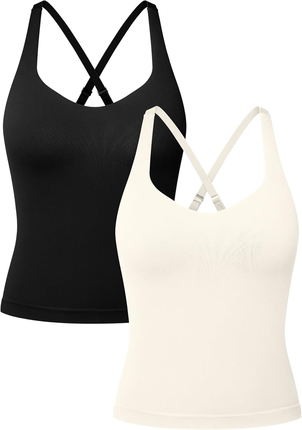 OQQ V Neck Cross Back Sports Bra for Women Padded Adjustable Straps Medium Impact Gym Workout Tank Top 2 Pack