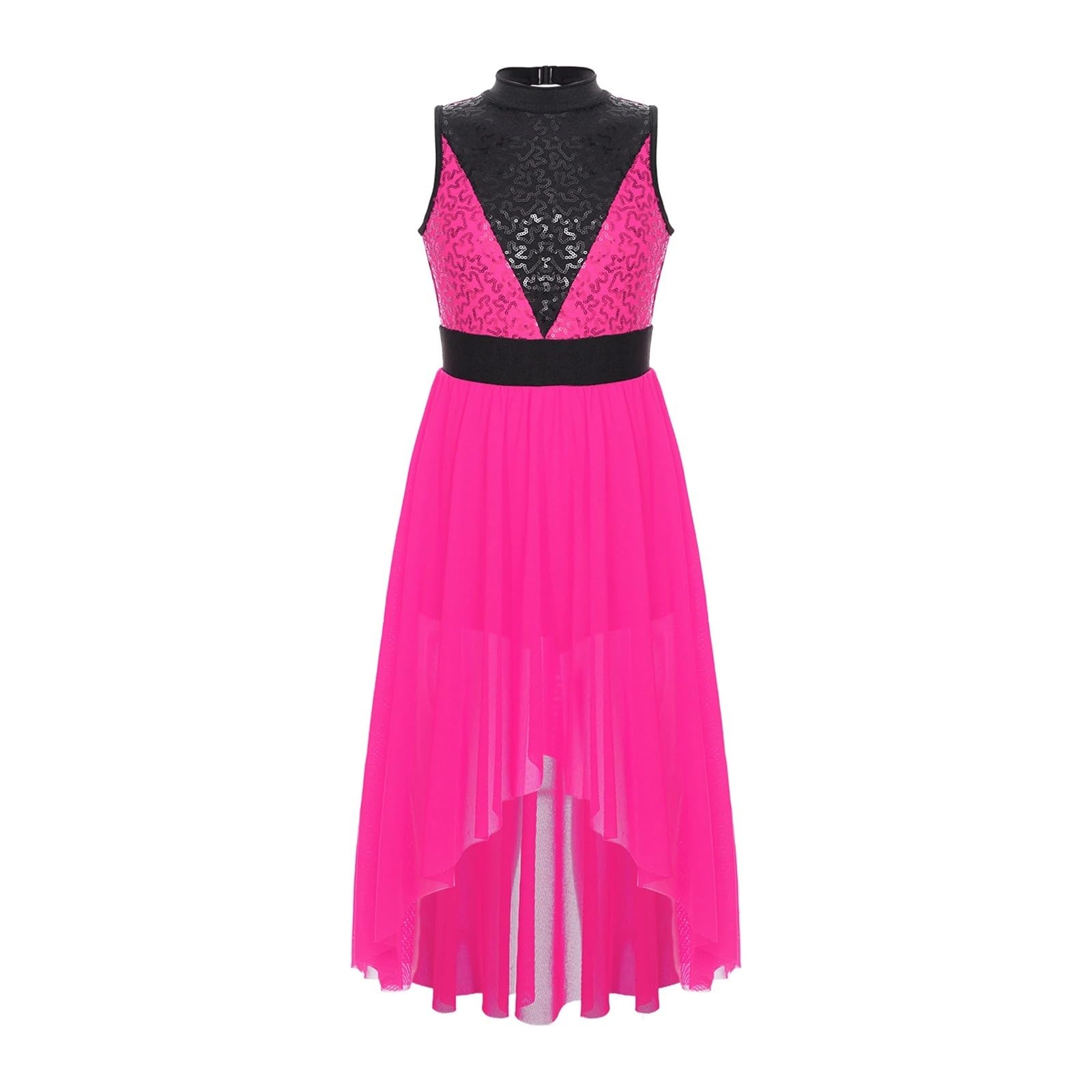 Vestido de Baile lírico for niñas y niños, Falda de Malla Alta y Baja con Lentejuelas, Mono de Baile, Vestido de actuación, Ropa de Baile Moderna for niños para Mujeres(Hot Pink,6)