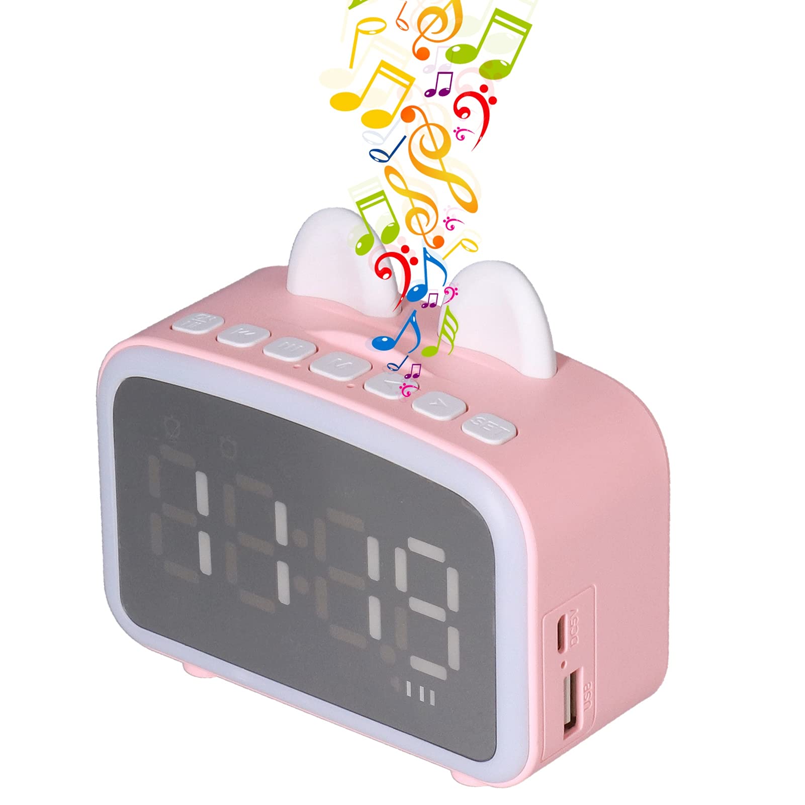Elprico Radio Reloj Despertador, Mini Reloj Bluetooth de Dibujos Animados Junto a la Cama con Batería de 1400 MAh, Altavoz Digital Bluetooth Multifuncional para la Oficina del Dormitorio(Rosa)
