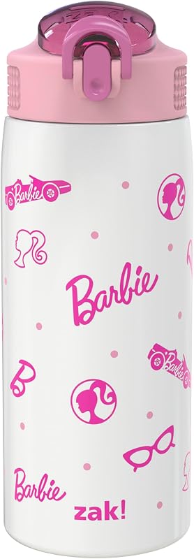 Zak Designs Barbie Porter Water Bottle for Travel and At Home, 19 oz Vacuum Insulated Stainless Steel with Locking Spout Cover, Built-In Carrying Loop, Leak-Proof Design (Barbie)