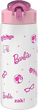 Zak Designs Barbie Porter Water Bottle for Travel and At Home, 19 oz Vacuum Insulated Stainless Steel with Locking Spout Cover, Built-In Carrying Loop, Leak-Proof Design Barbie
