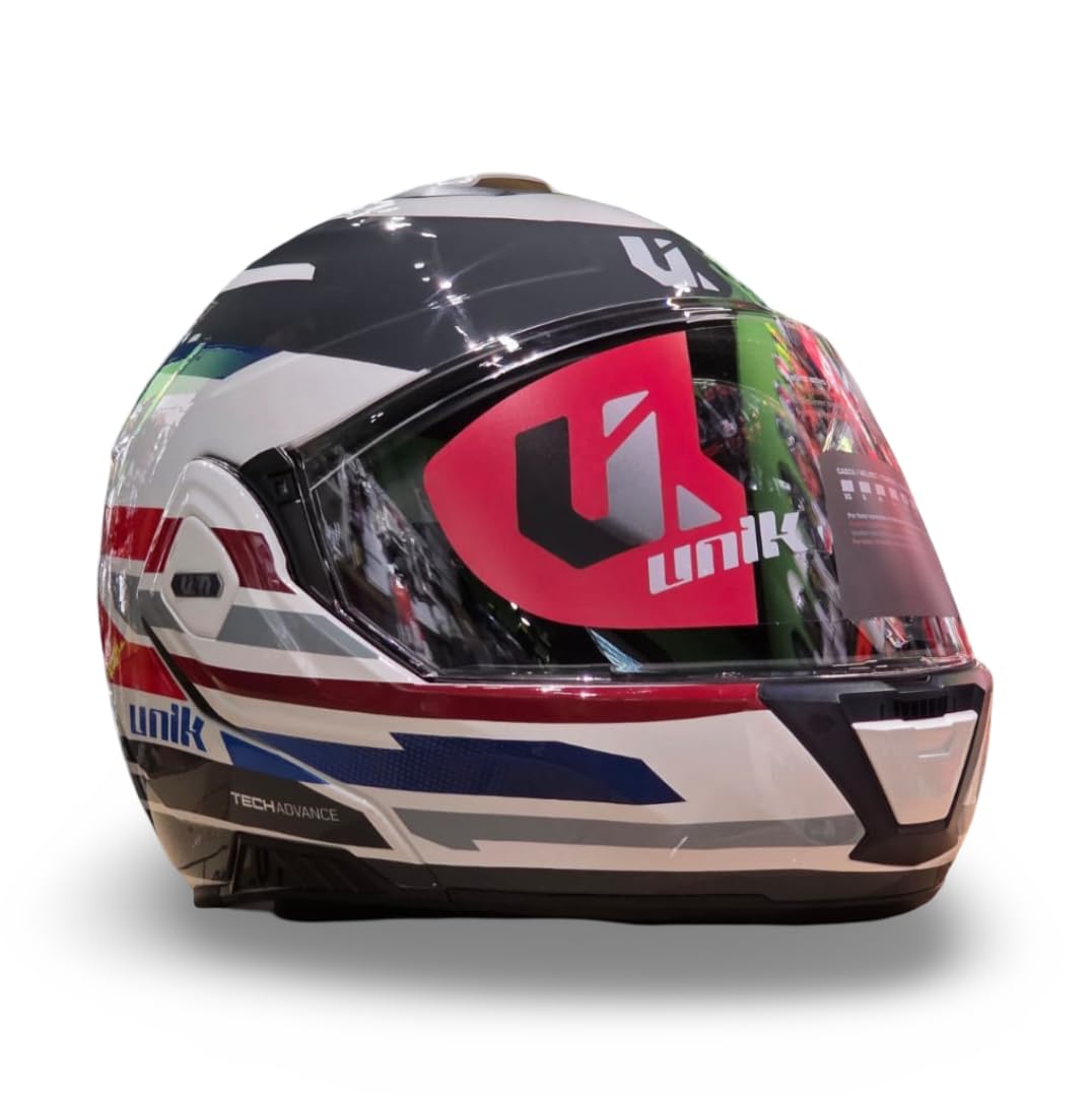 unik Casco Modular Abatible 180 Spectrum Moto Adultos Visera Solar Doble Policarbonato 2 Calotas Ventilación Frontal Trasera Cierre Micrométrico - Blanco Roj Azul , Talla M