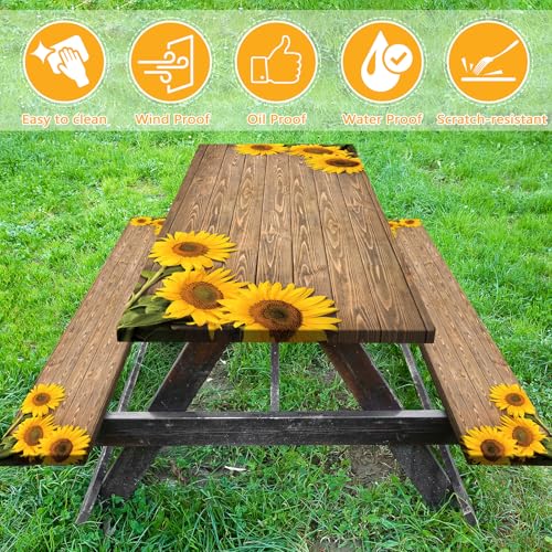 Picnic Table Cover with Bench Covers 6FT Sunflower Waterproof Fitted Picnic Table Cloths Wood Texture Outdoor Elastic Picnic Tablecloth Outdoor Camping Essentials(3pcs-72") by Butaluk - Used condition - Image 2