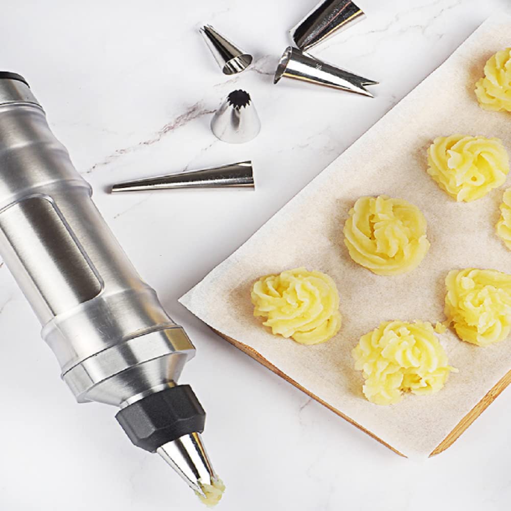 Seringue de décoration de dessert en acier inoxydable avec 5 douilles pour cupcakes pour biscuits de Noël et décoration de gâteaux DIY